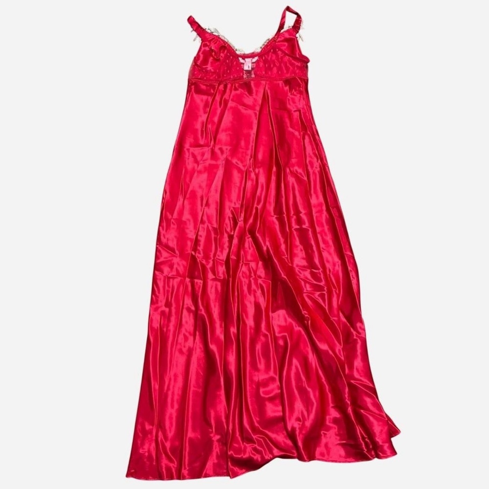Y2K Red Satin Slip Dress Flora NWT Lace Maxi Nightgown Vintage Lingerie Dress - Picture 2 of 4